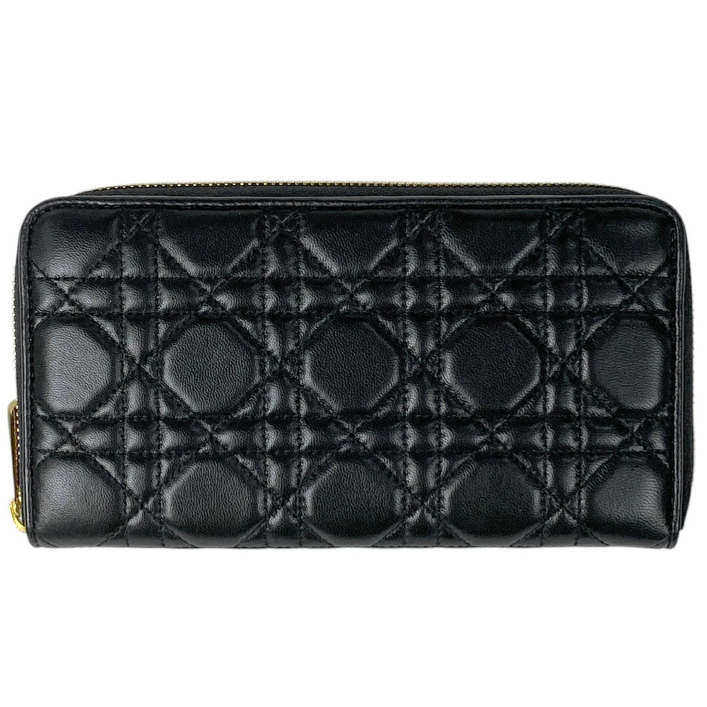 Christian Dior Cannage Round Zip Long Wallet Leather Black